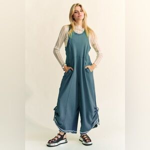 🟠 115B. Ribbed Detail French Terry Jumpsuit - Teal